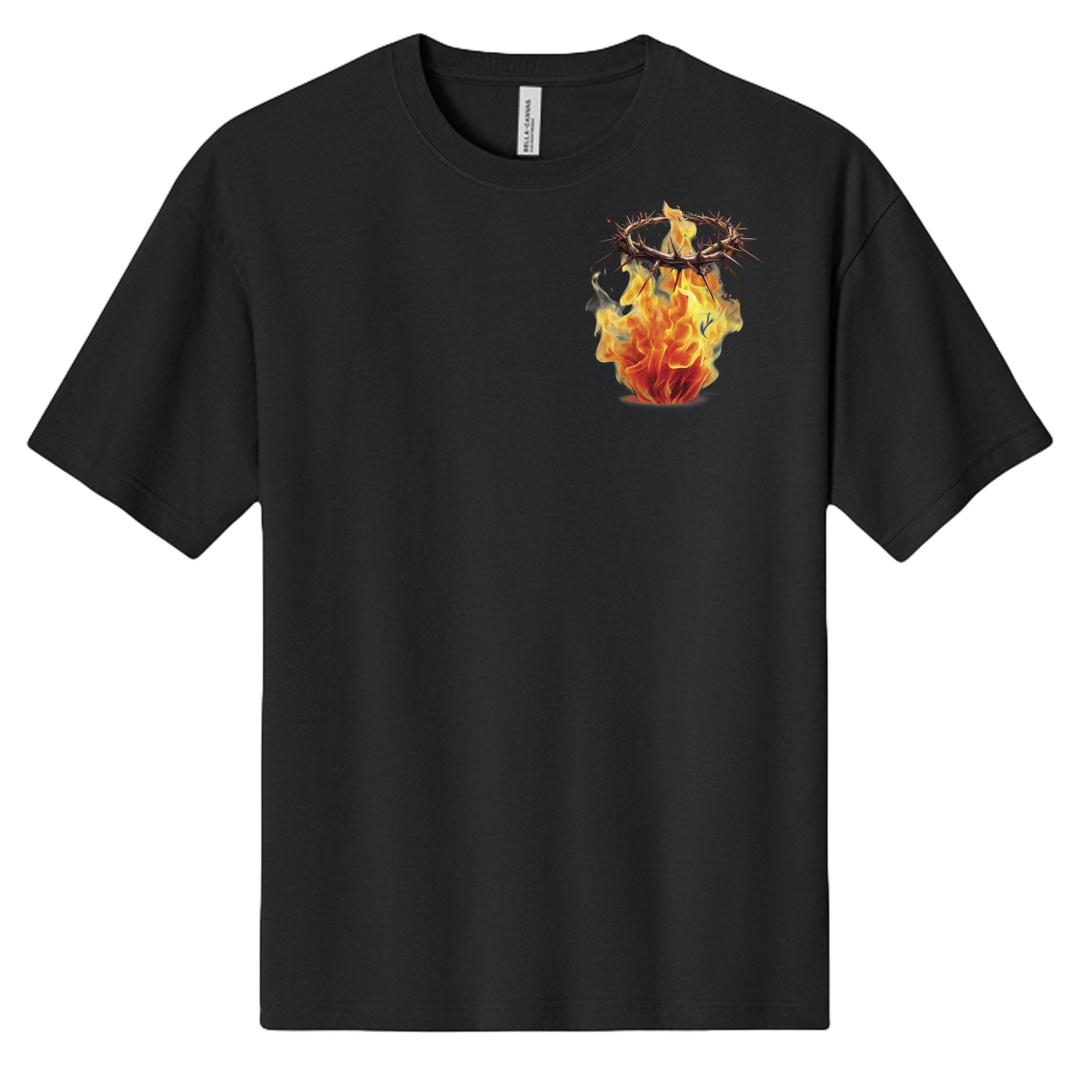 Holy and Royal black heavyweight cotton t-shirt with a crown of thorns on fire graphic on the chest.