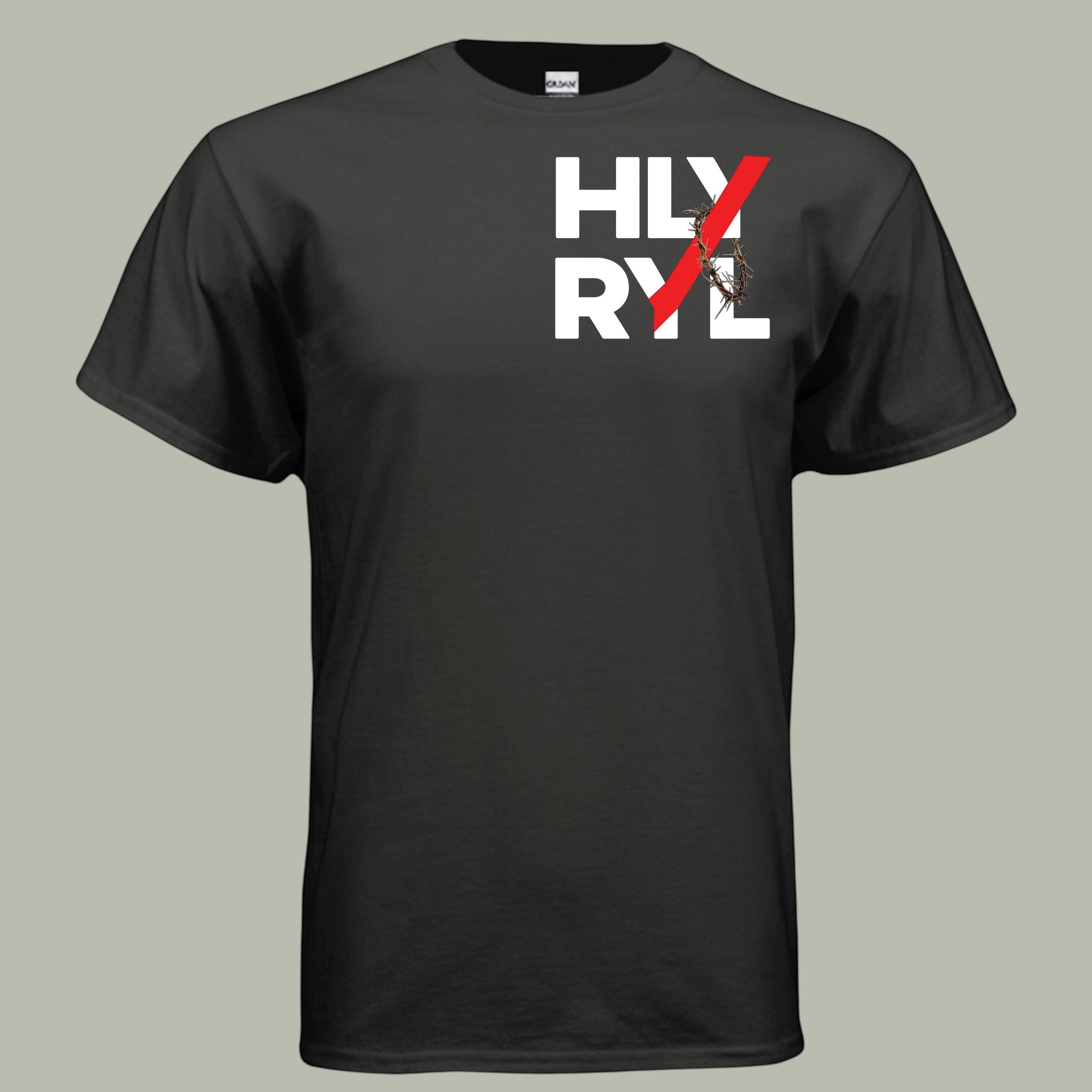 Holy and Royal black cotton t-shirt with white HLY RYL text and a red slash over a thorny vine crown graphic