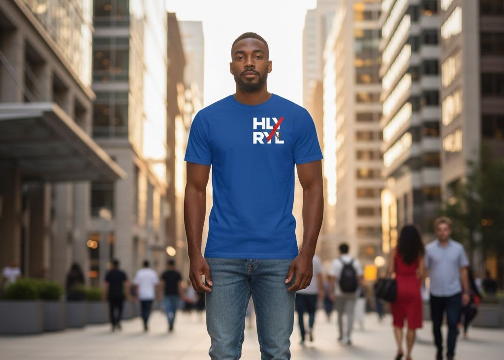 Holy and Royal blue 50/50 cotton-polyester t-shirt with HLY RYL graphic and crown of thorns detail.