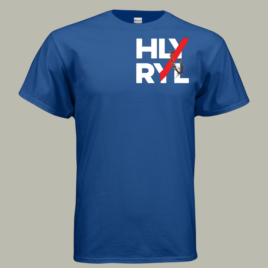 Holy and Royal blue 50/50 cotton-polyester t-shirt with HLY RYL graphic and crown of thorns