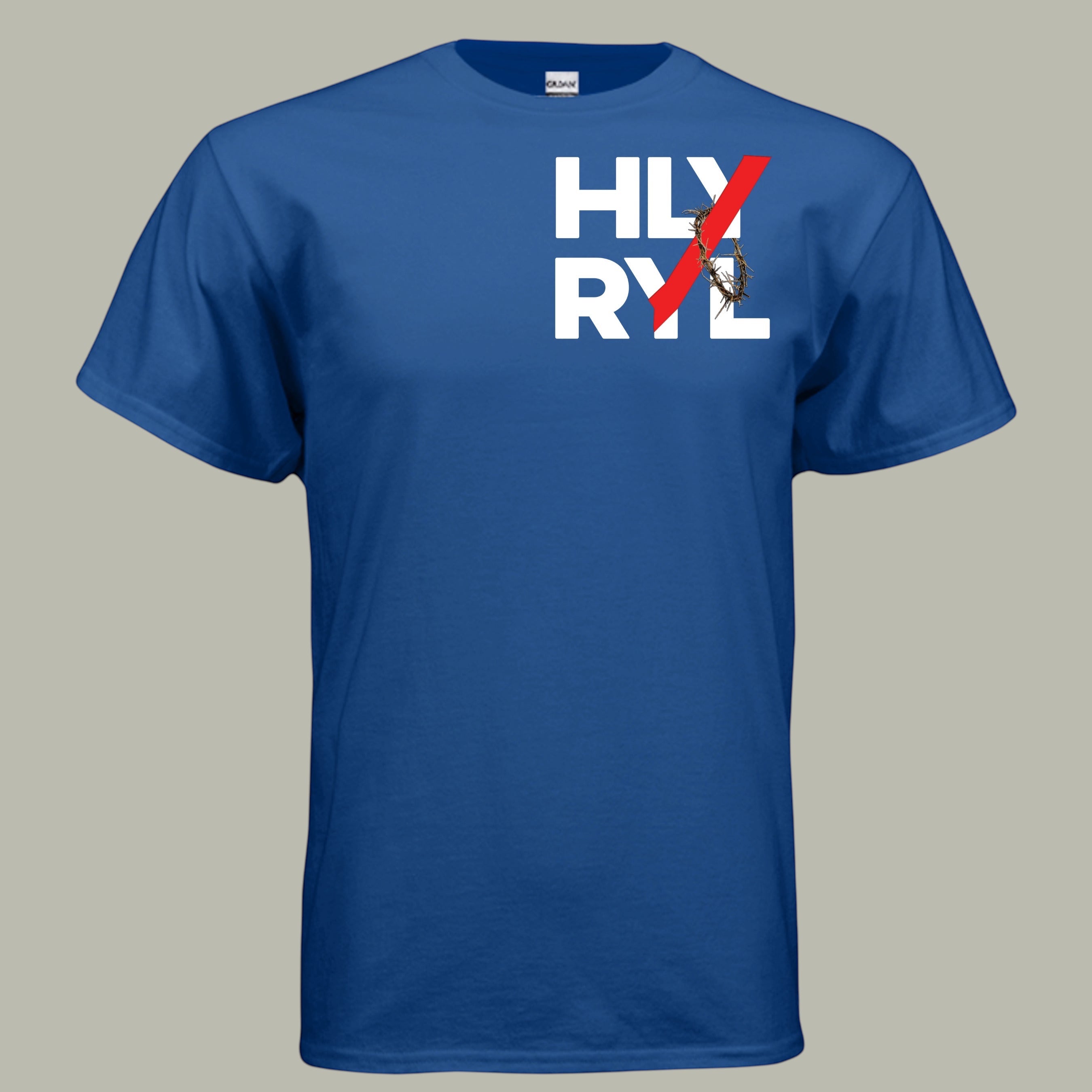 Holy and Royal blue 50/50 cotton-polyester t-shirt with HLY RYL graphic and crown of thorns