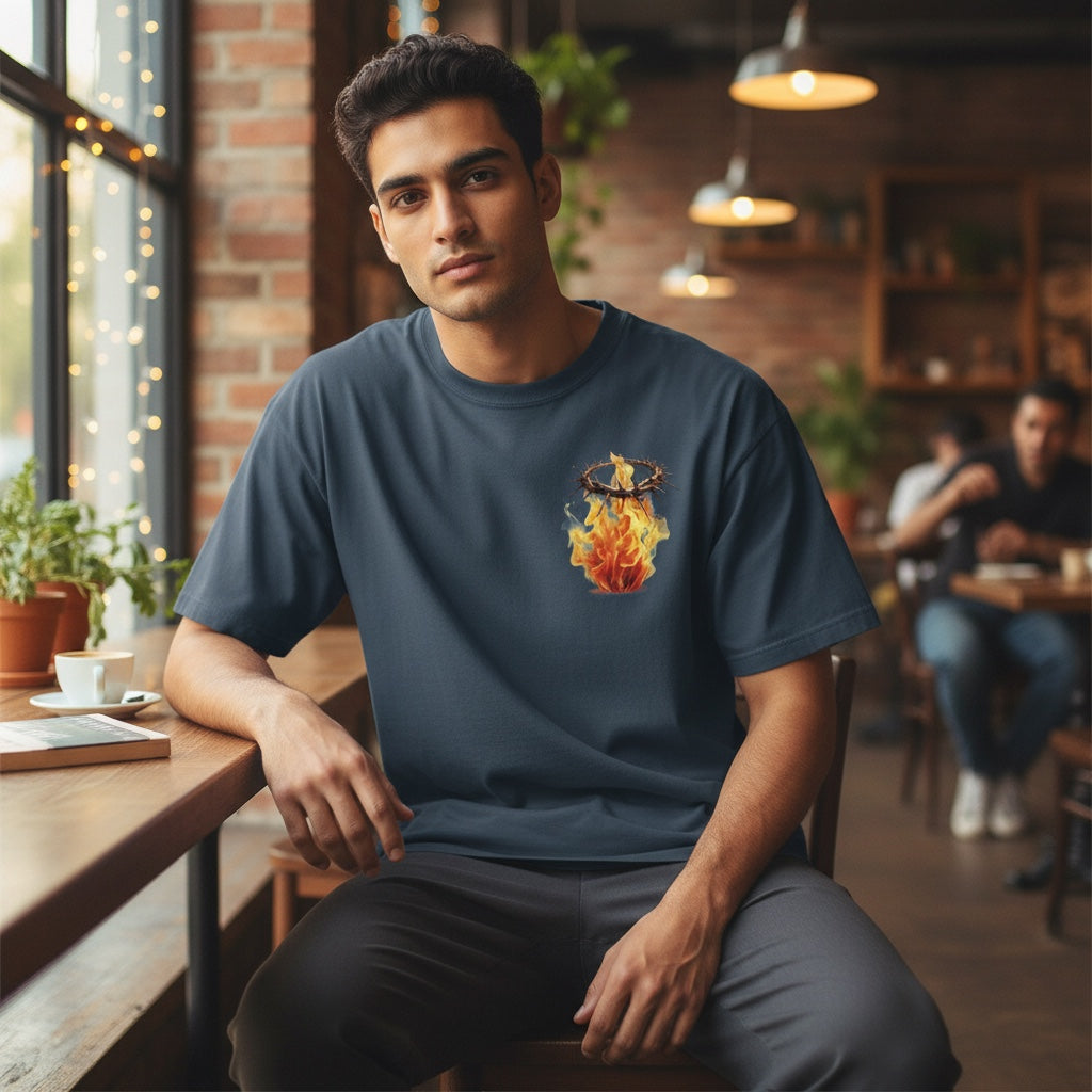Holy and Royal navy cotton t-shirt with a crown of thorns graphic engulfed in flames on the chest.