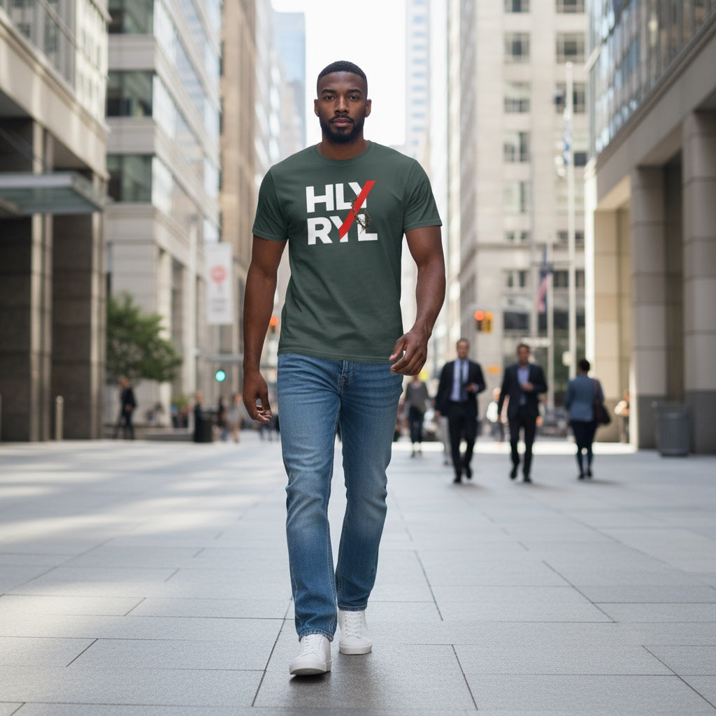 Holy and Royal dark green 50/50 cotton-polyester t-shirt with white HLY RYL graphic and red slash over crown of thorns.