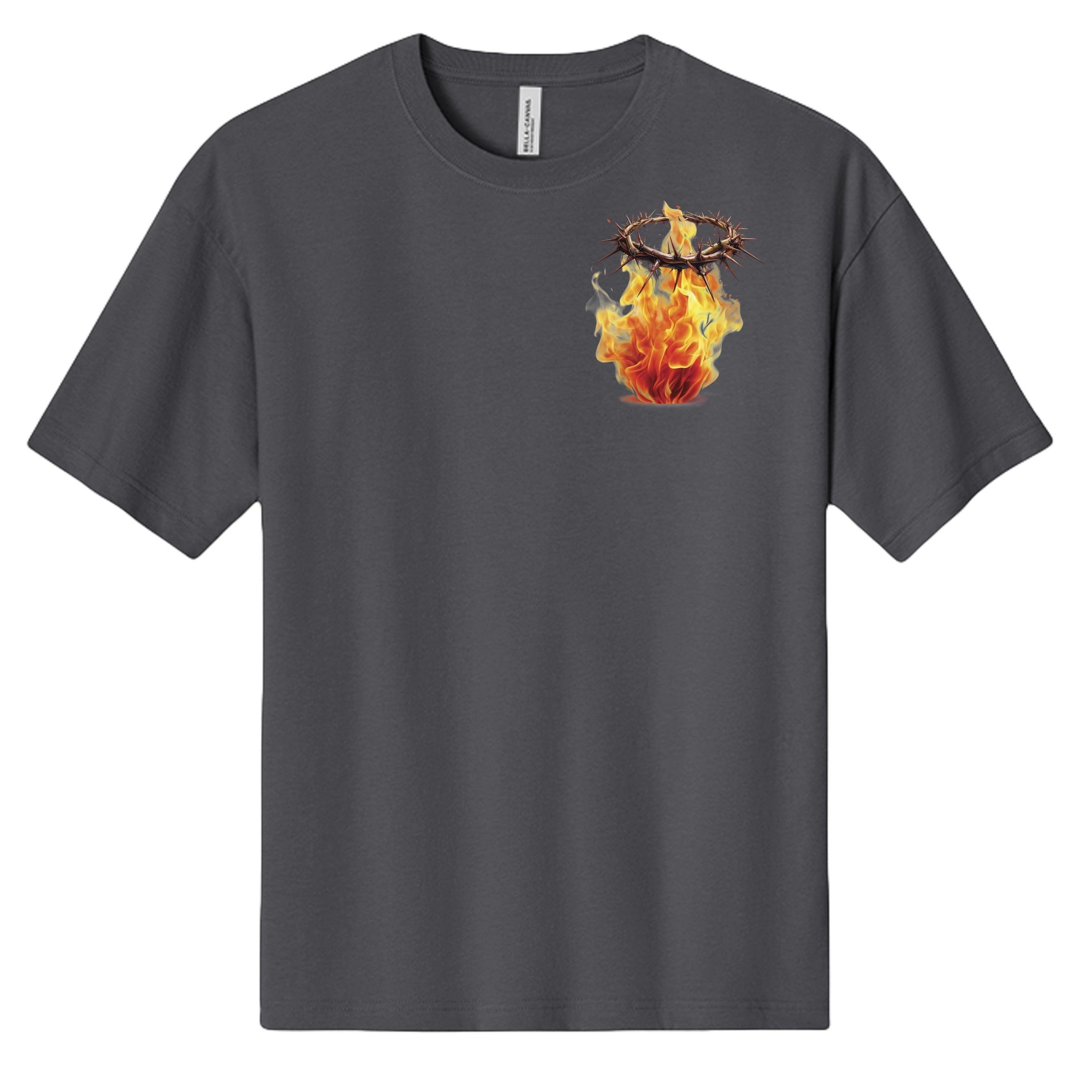 Holy and Royal dark grey heavyweight cotton t-shirt with a crown of thorns graphic on fire on the left chest.