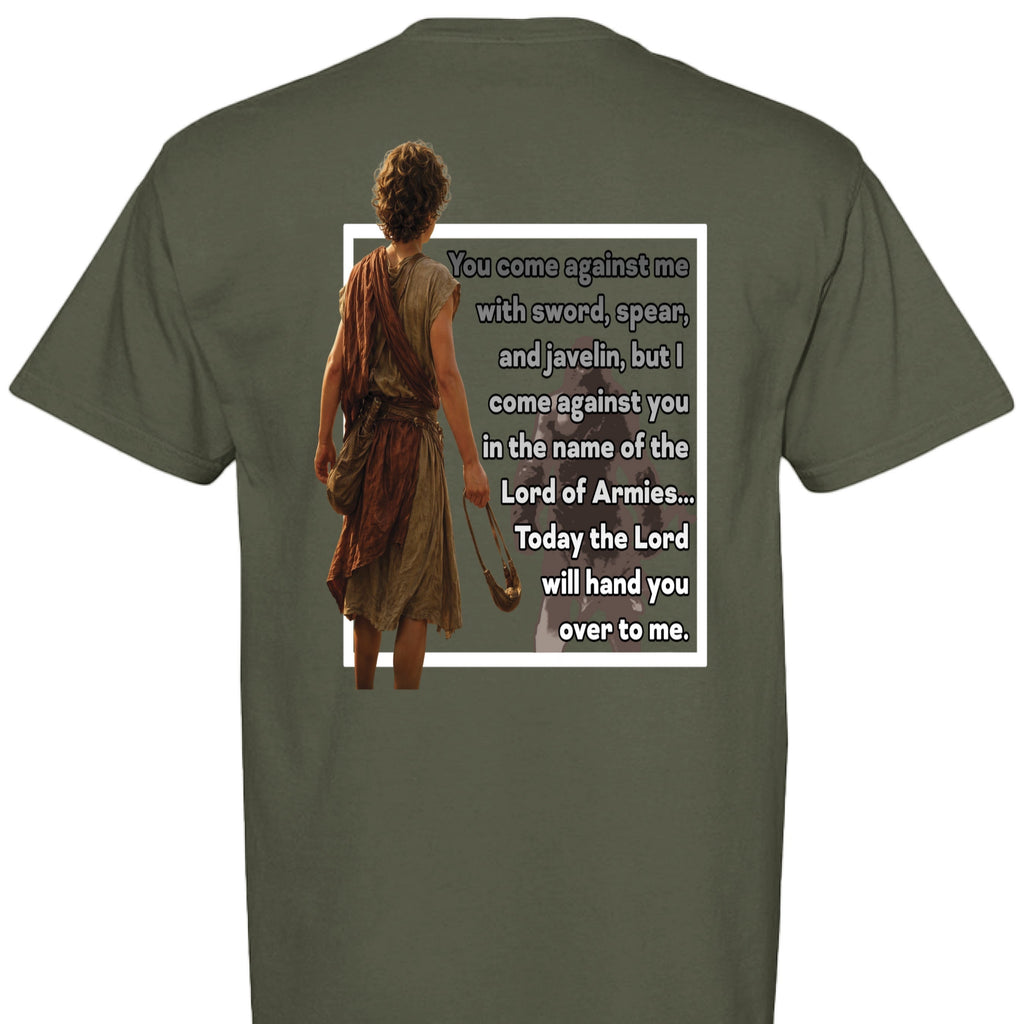 Holy and Royal olive green cotton t-shirt with David and Goliath graphic and Bible verse.