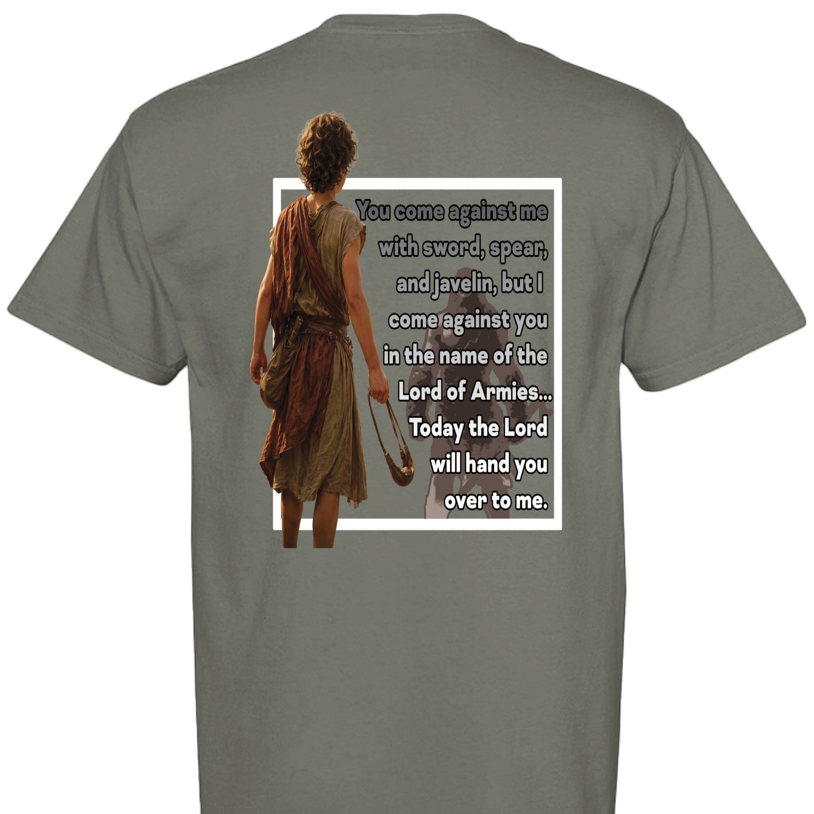 Holy and Royal grey cotton t-shirt with David and Goliath graphic and Bible verse.