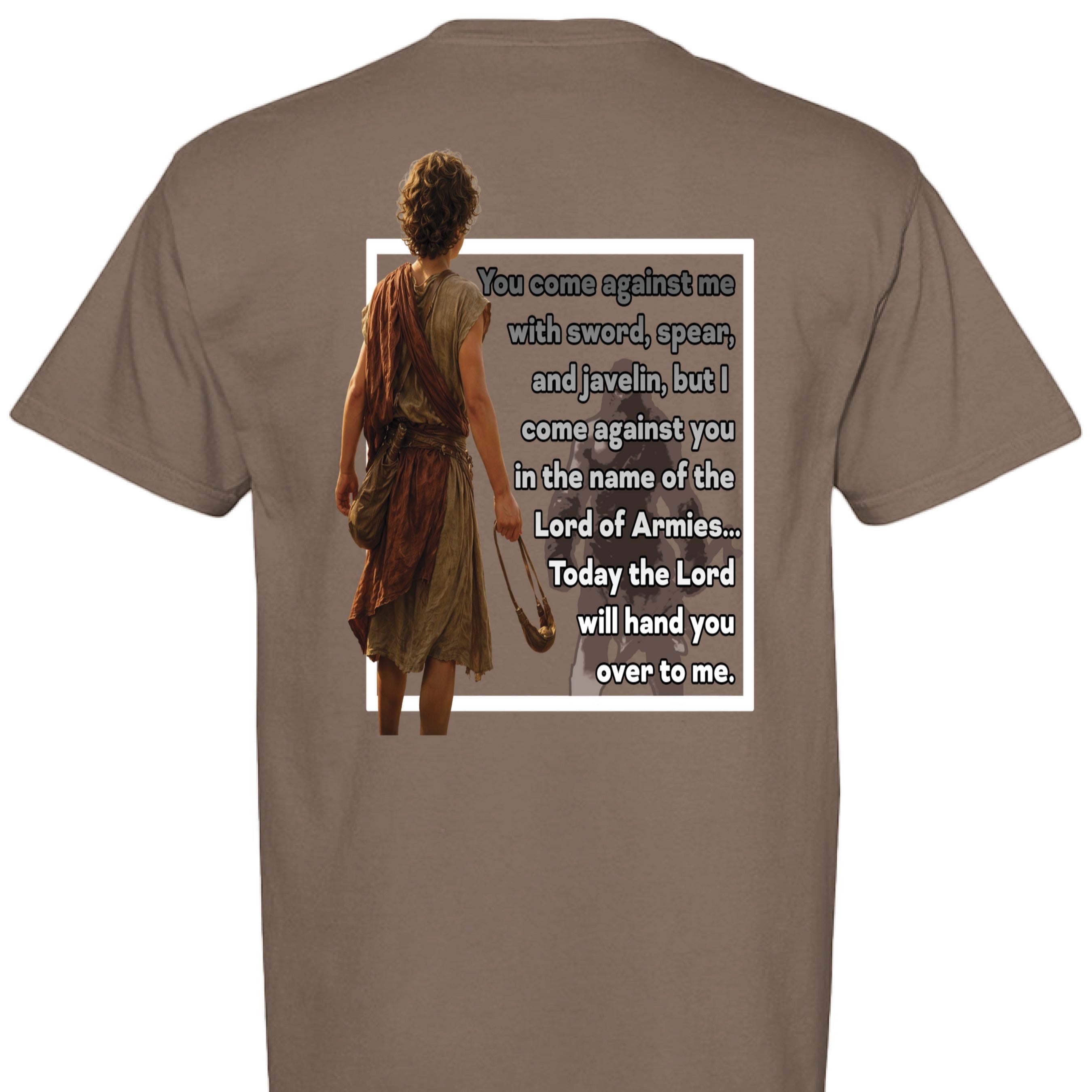 Holy and Royal brown cotton t-shirt with David and Goliath graphic and Bible verse.