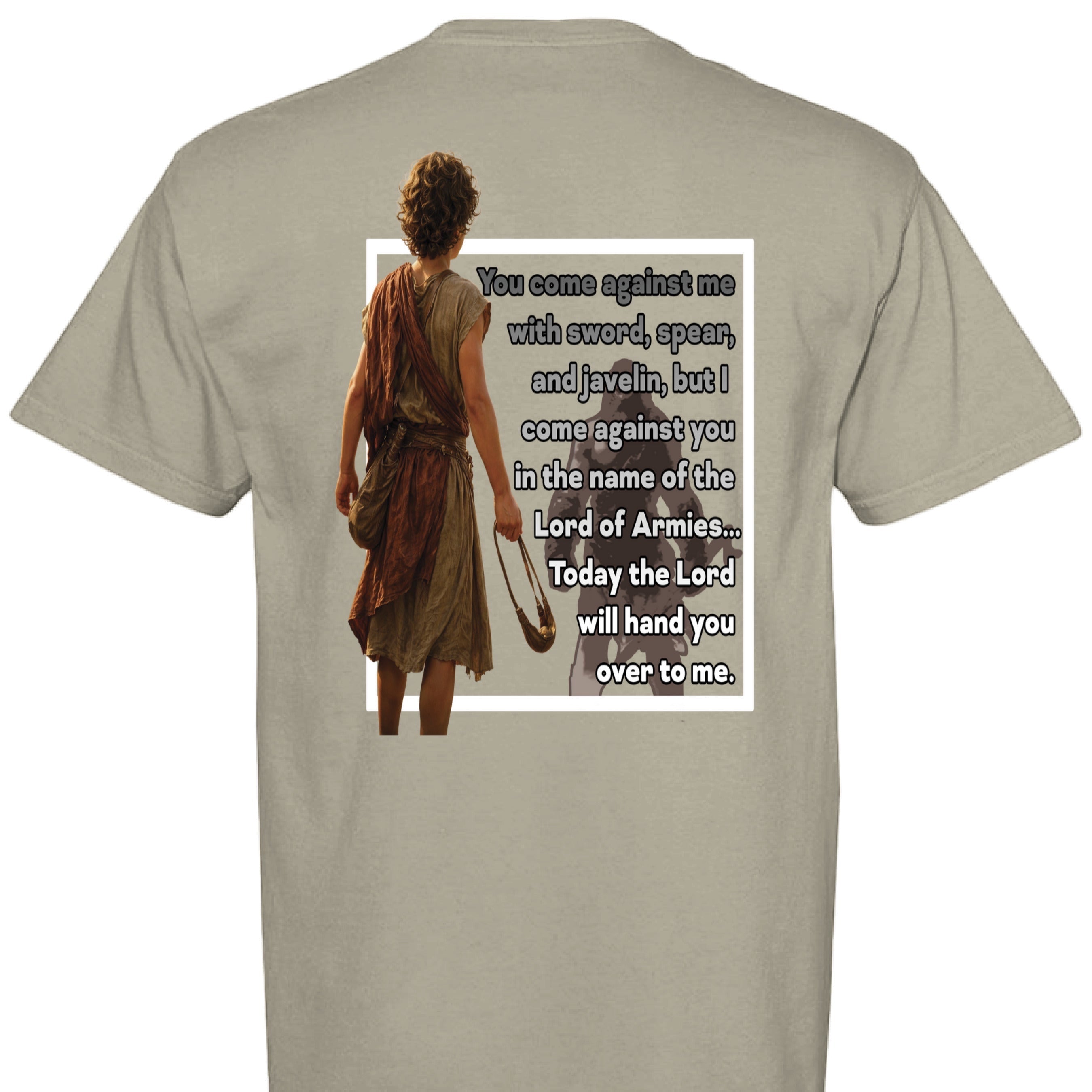 Holy and Royal beige cotton t-shirt with David and Goliath graphic and Bible verse. Classic fit, crew neck.
