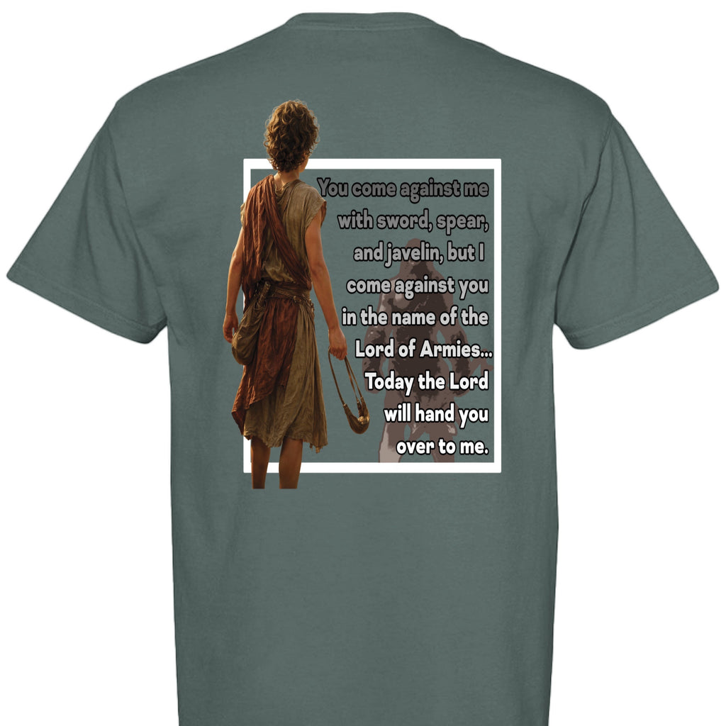 Holy and Royal We Are Giants T-Shirt with David and Goliath graphic and Bible verse. Cotton tee.