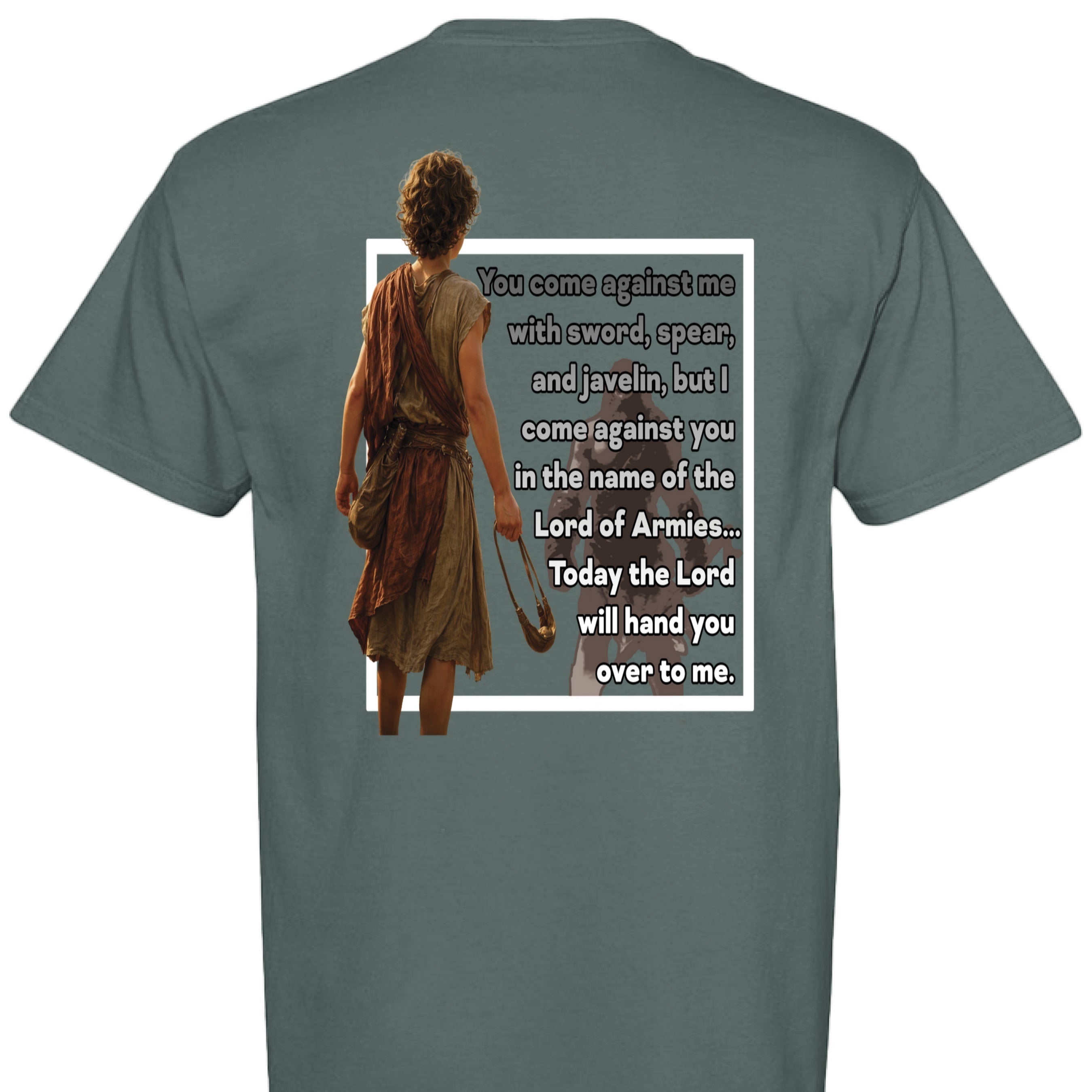 Holy and Royal We Are Giants T-Shirt with David and Goliath graphic and Bible verse. Cotton tee.