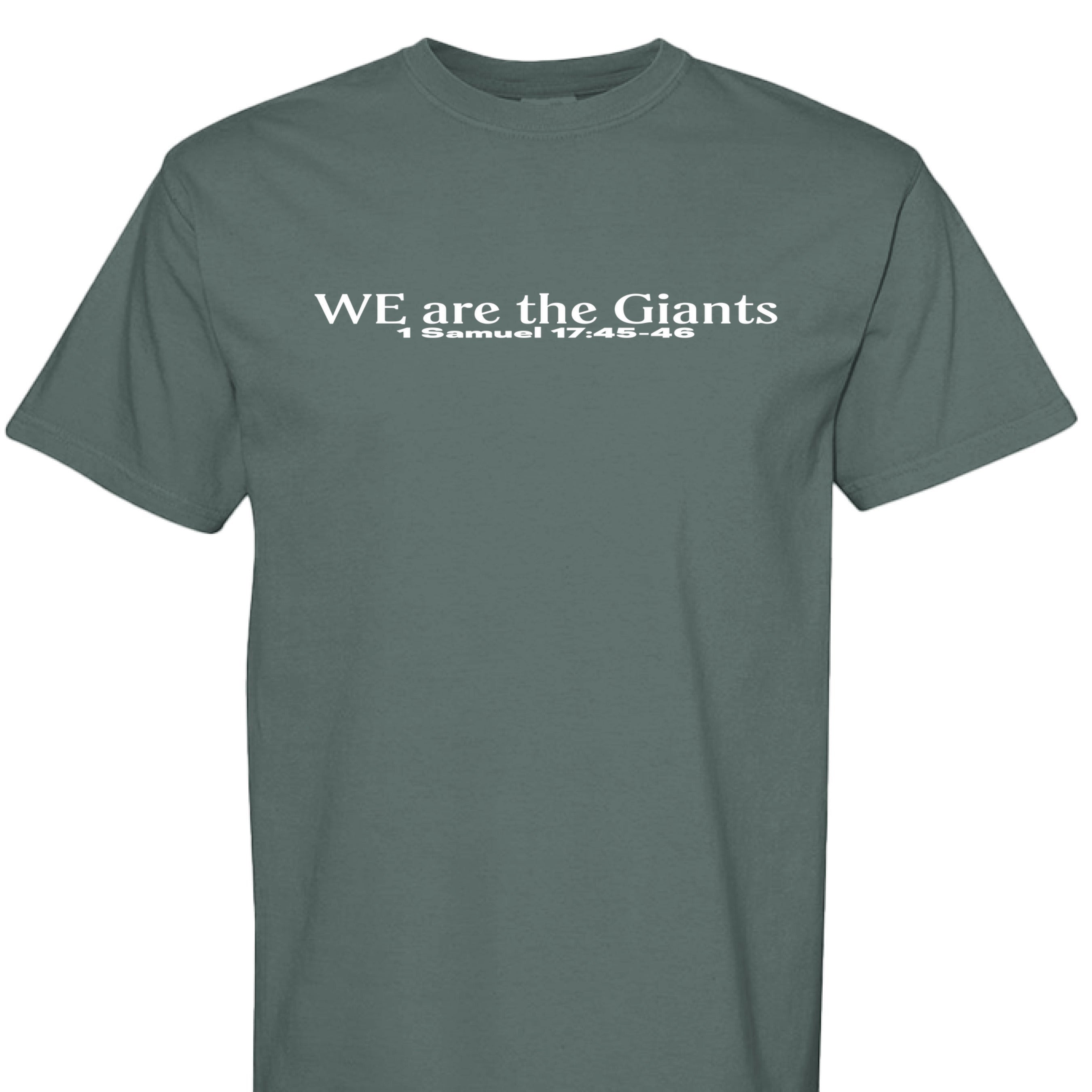 Holy and Royal grey cotton t-shirt with white text "WE are the Giants 1 Samuel 17:45-46".