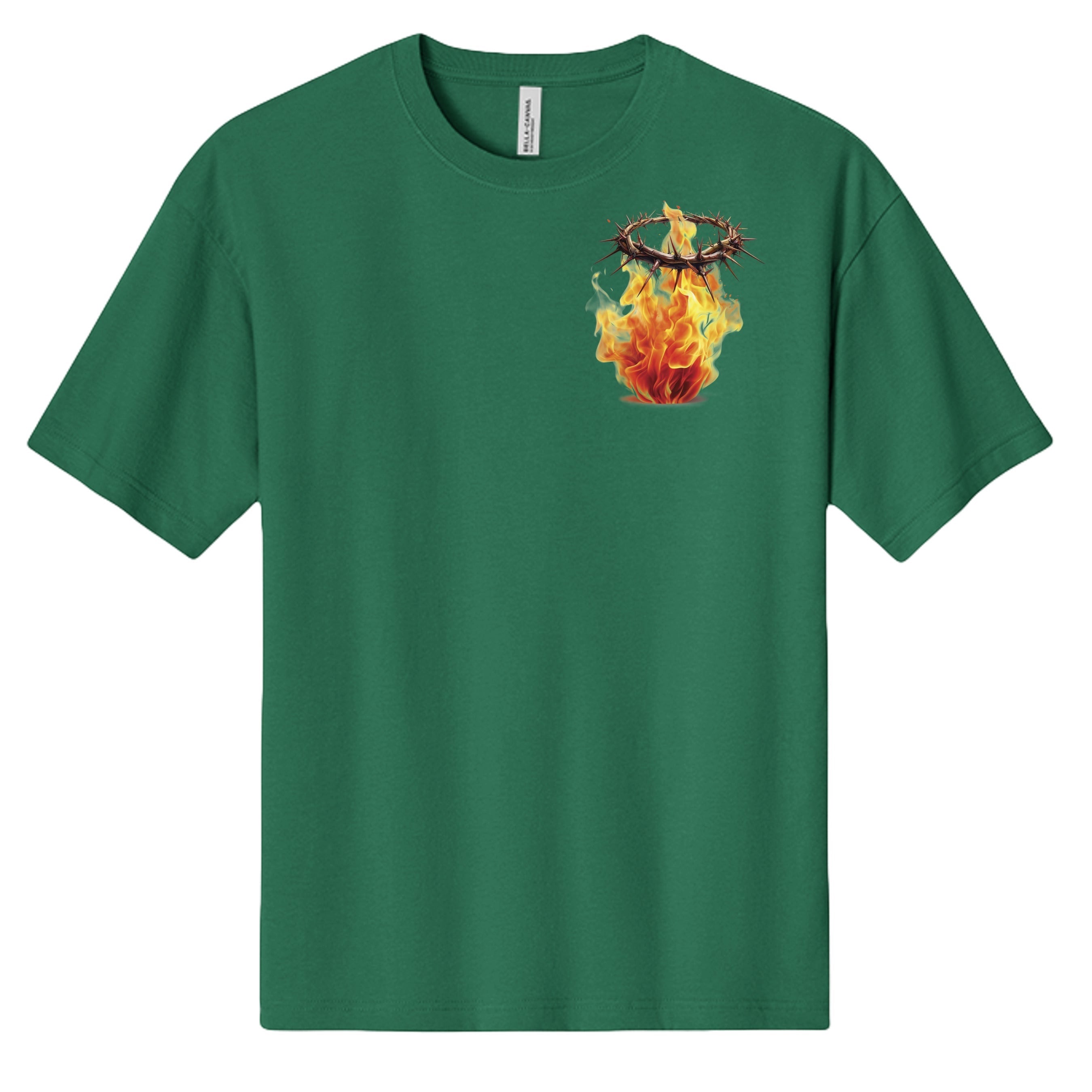 Holy and Royal green heavyweight cotton t-shirt with a fiery crown of thorns graphic on the chest.
