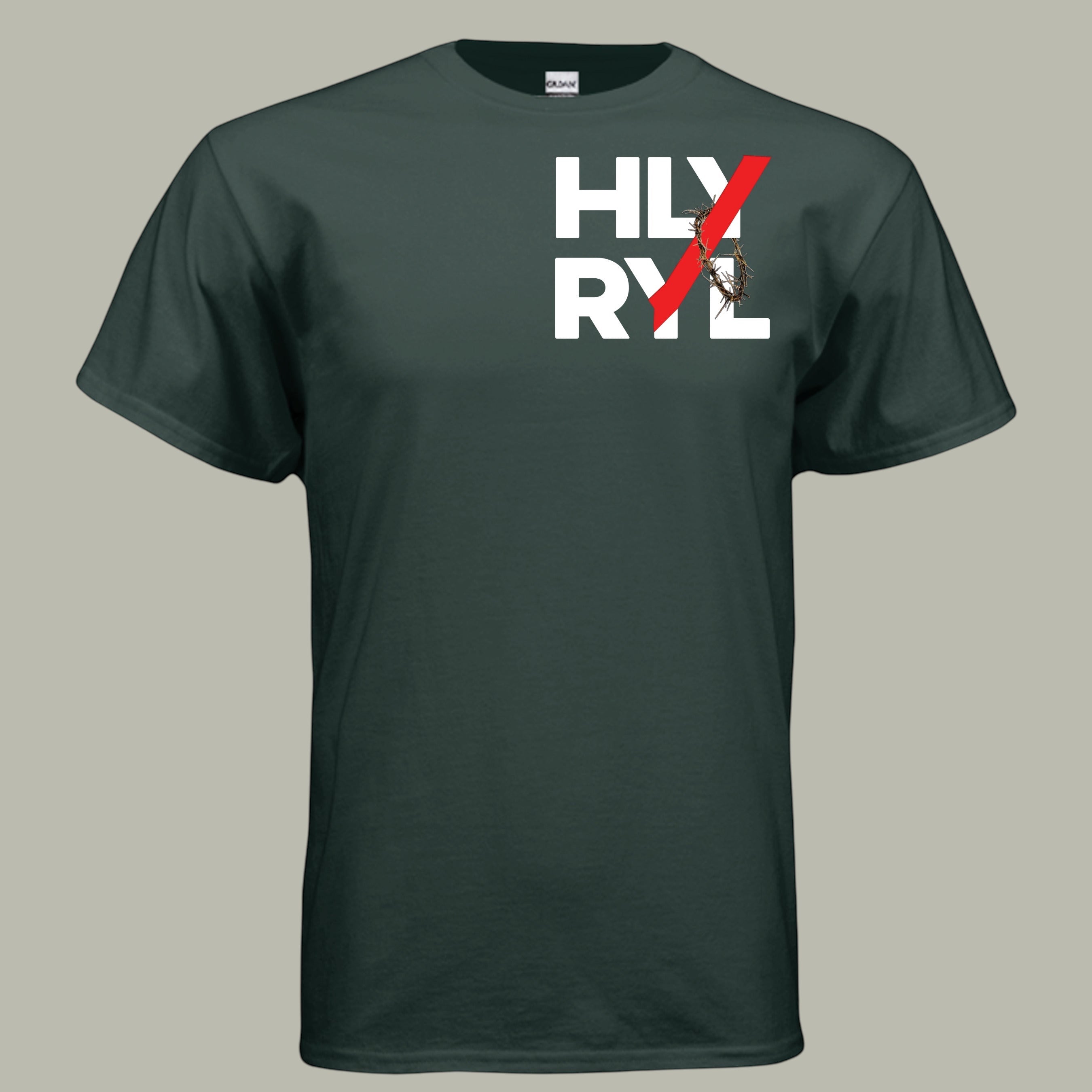 Holy and Royal HLY RYL graphic t-shirt in dark green, made of 50% cotton and 50% polyester.