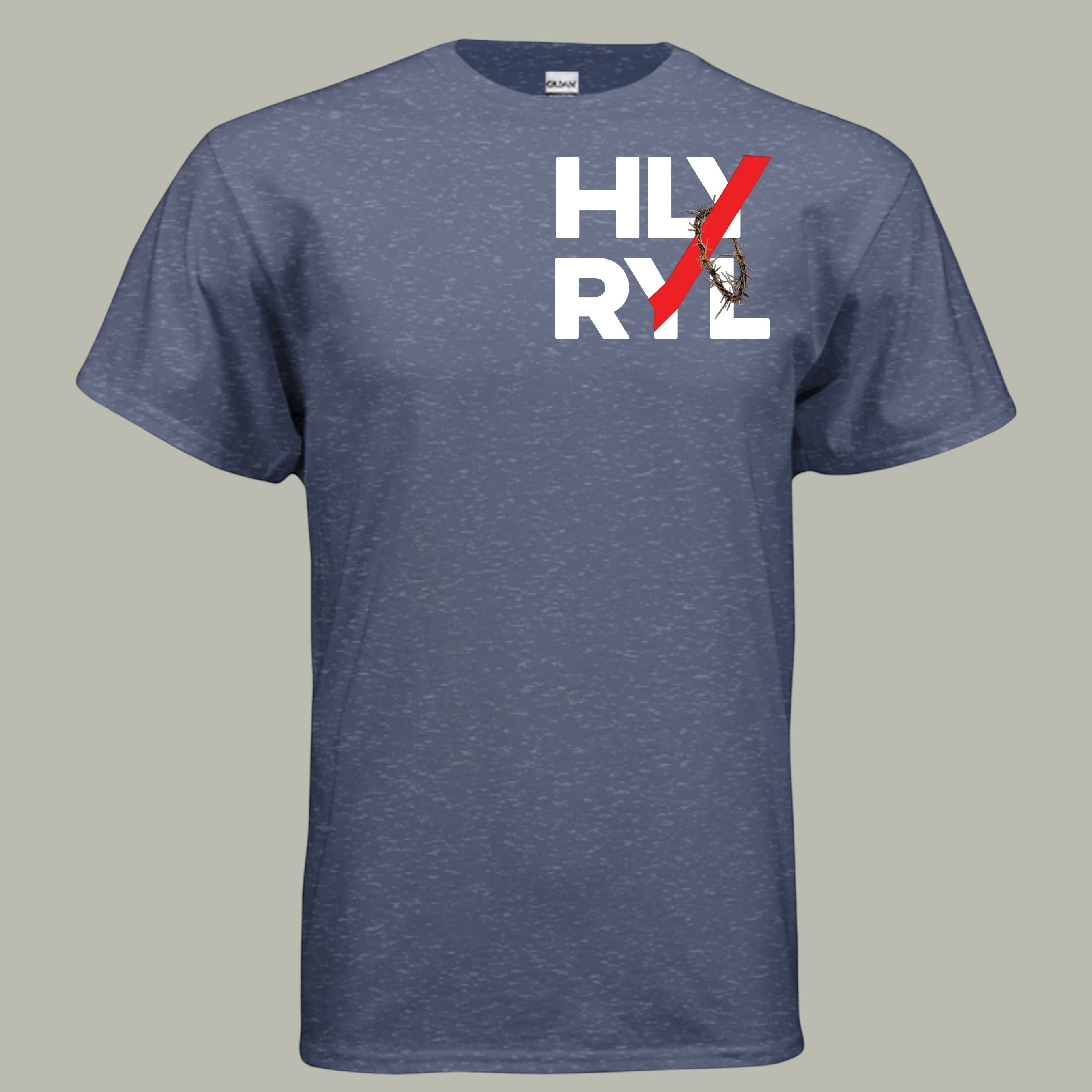 Holy and Royal HLY RYL t-shirt with a red slash and crown of thorns graphic on heather blue cotton blend fabric.