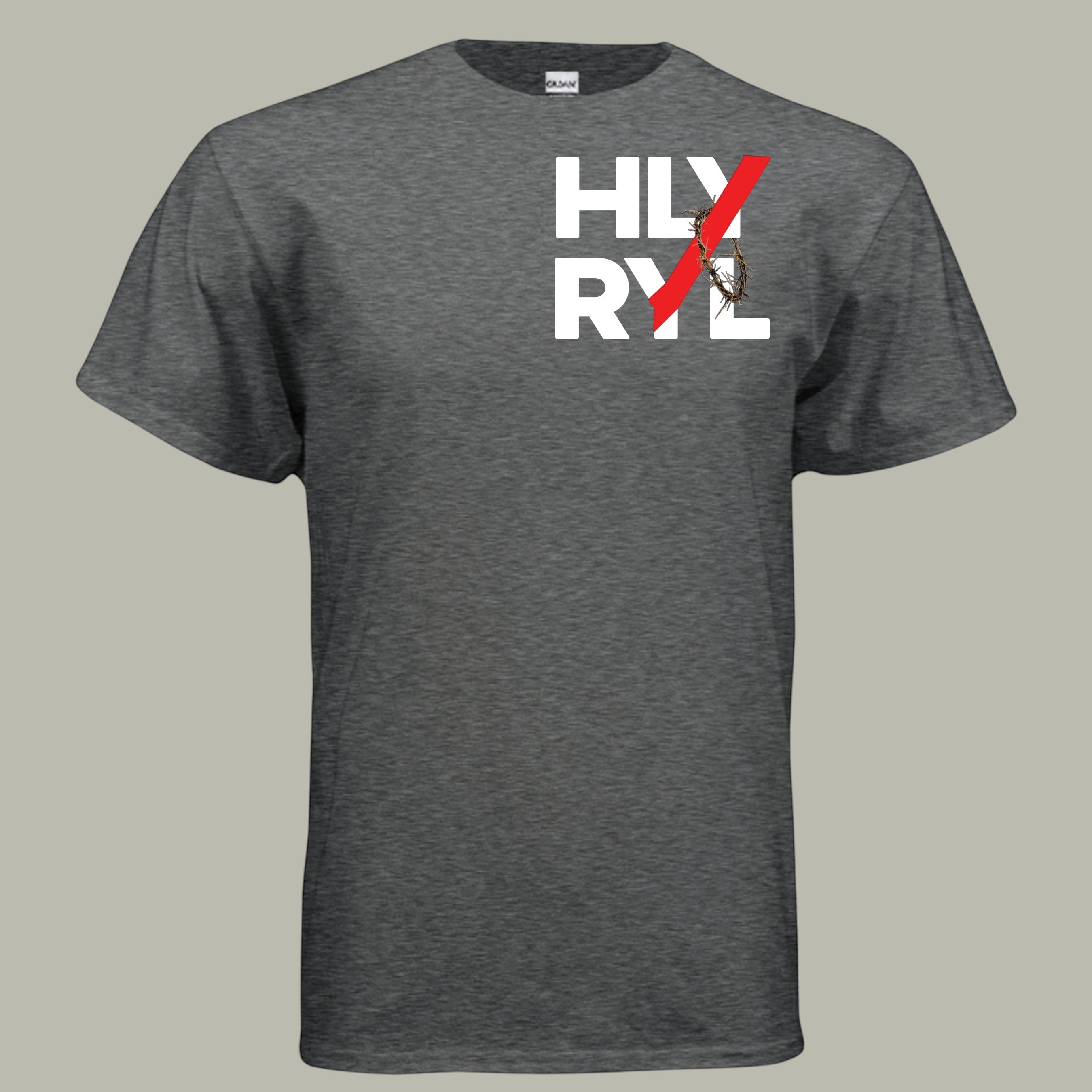 Holy and Royal HLY RYL t-shirt with a red slash and crown of thorns graphic. Dark grey cotton blend.