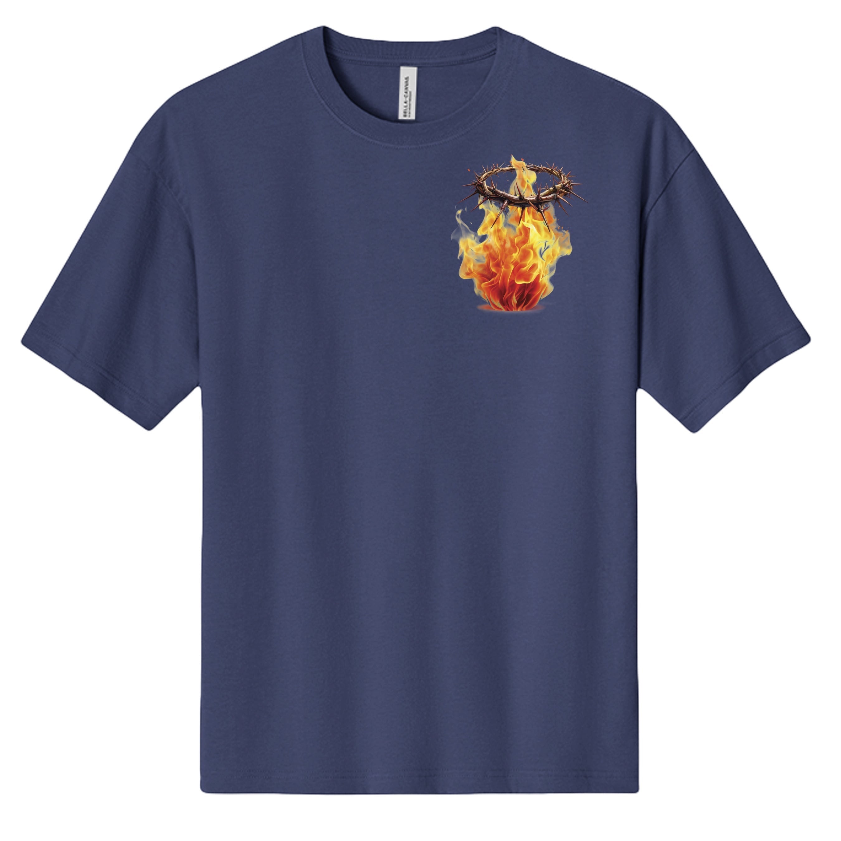 Holy and Royal navy blue heavyweight cotton t-shirt with a crown of thorns on fire graphic on the left chest.