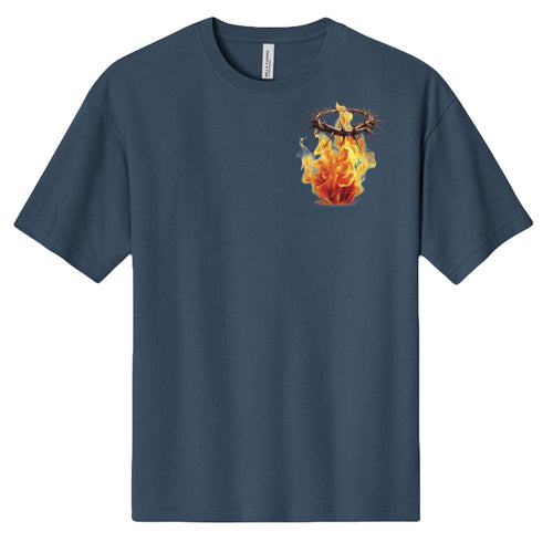 Holy and Royal men's heavyweight cotton t-shirt in slate blue with a crown of thorns graphic on fire on the left chest.
